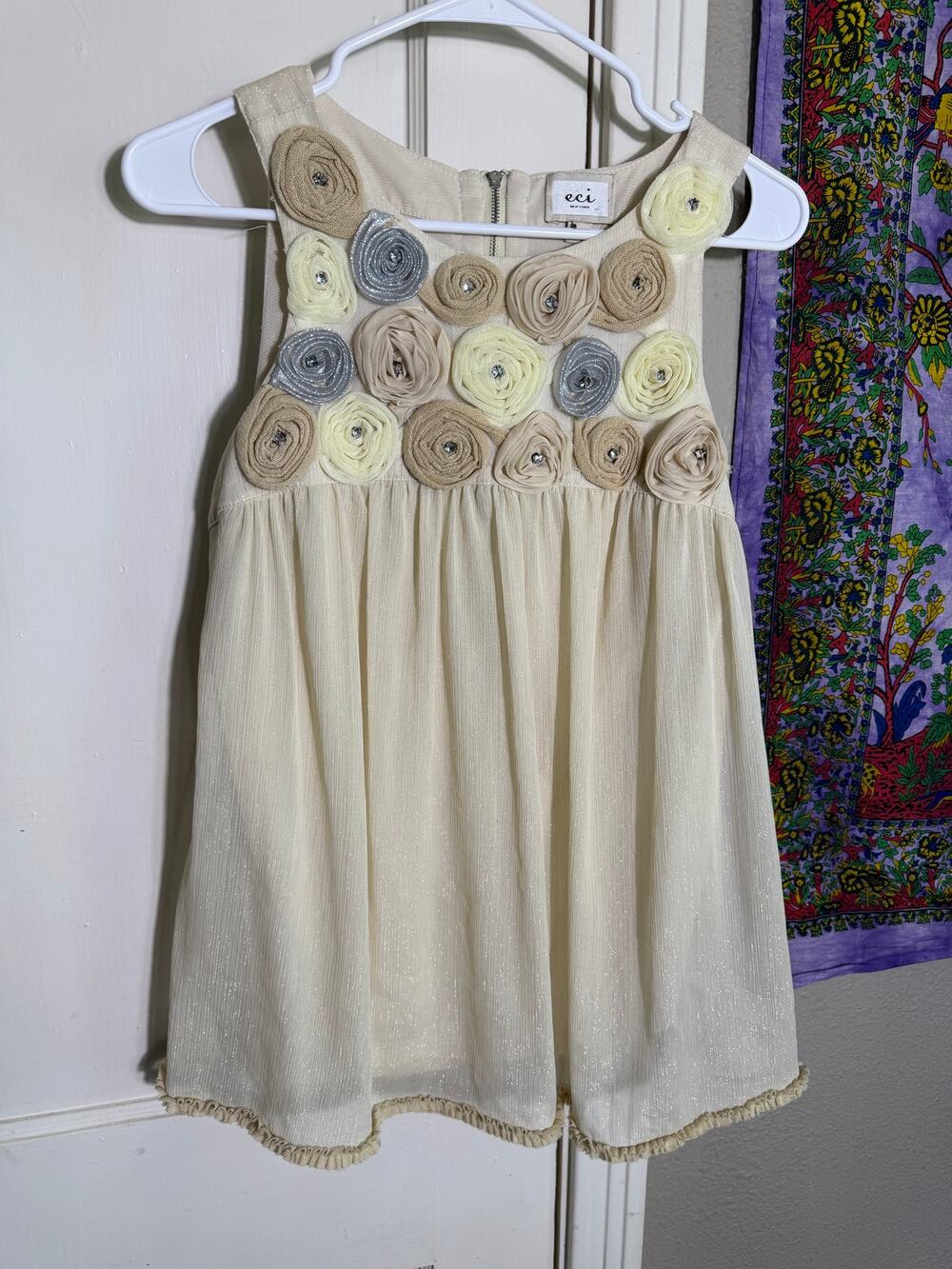 ECI New York Rosette Floral Applique Babydoll Top Cream Rhinestone - Size 10